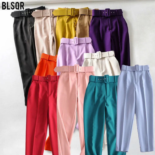 Damen Hochtaillierte Tailored-Hose mit Bundfalten und Stoffgürtel Nord Taschen