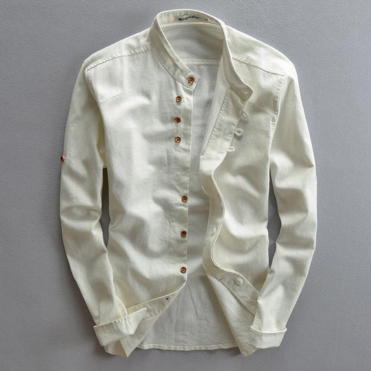 Herren Leichtes Baumwoll-Leinen Overshirt mit Stehkragen und Knopfleisten-Detail Nord Taschen