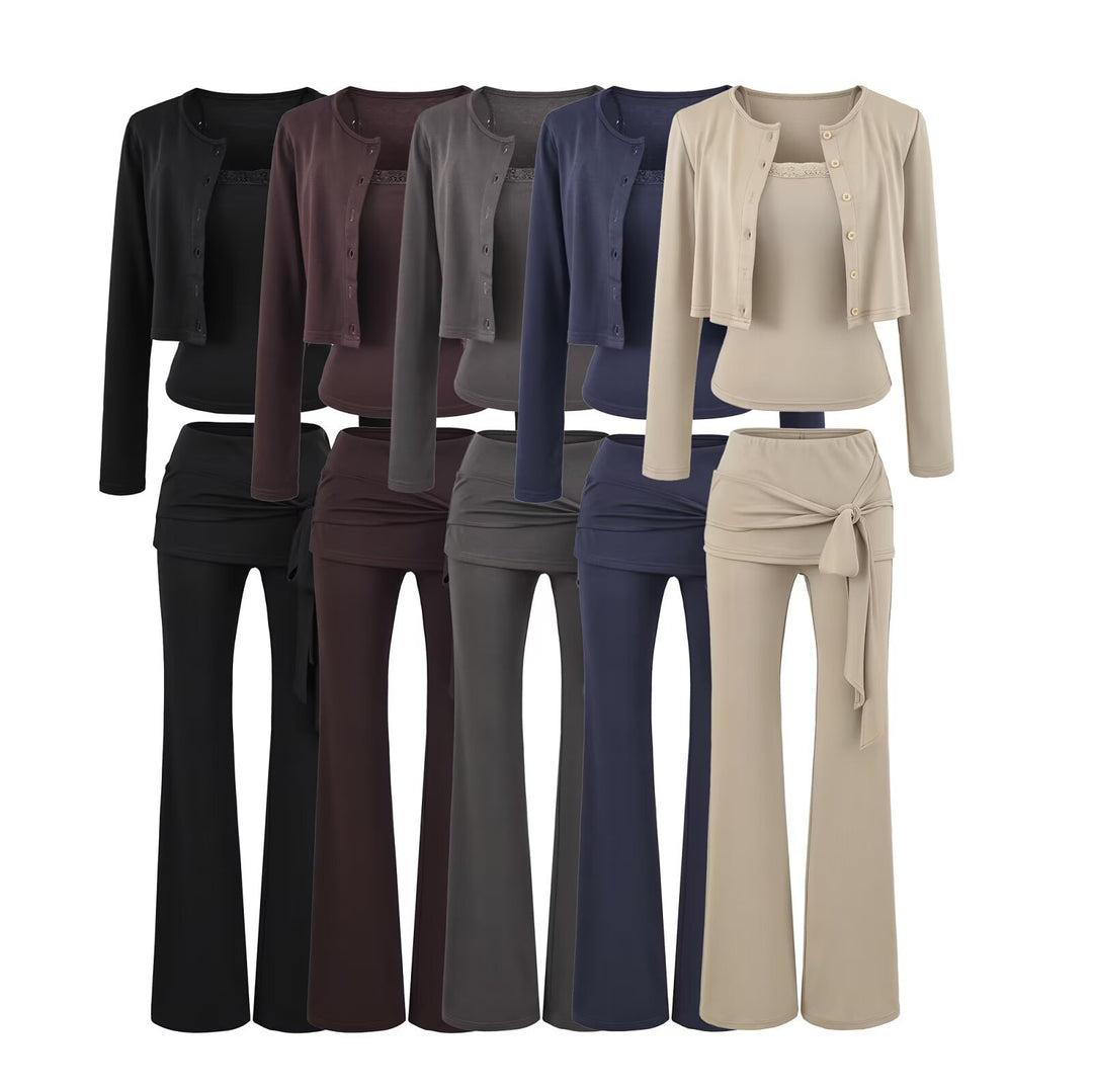 Damen dreiteiliges Lounge-Set mit kurzem Knopfcardigan, Spitzentop und Wickel-Schlaghose Nord Taschen