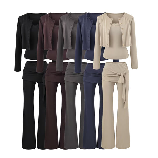 Damen dreiteiliges Lounge-Set mit kurzem Knopfcardigan, Spitzentop und Wickel-Schlaghose Nord Taschen