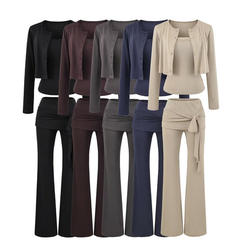 Damen dreiteiliges Lounge-Set mit kurzem Knopfcardigan, Spitzentop und Wickel-Schlaghose Nord Taschen