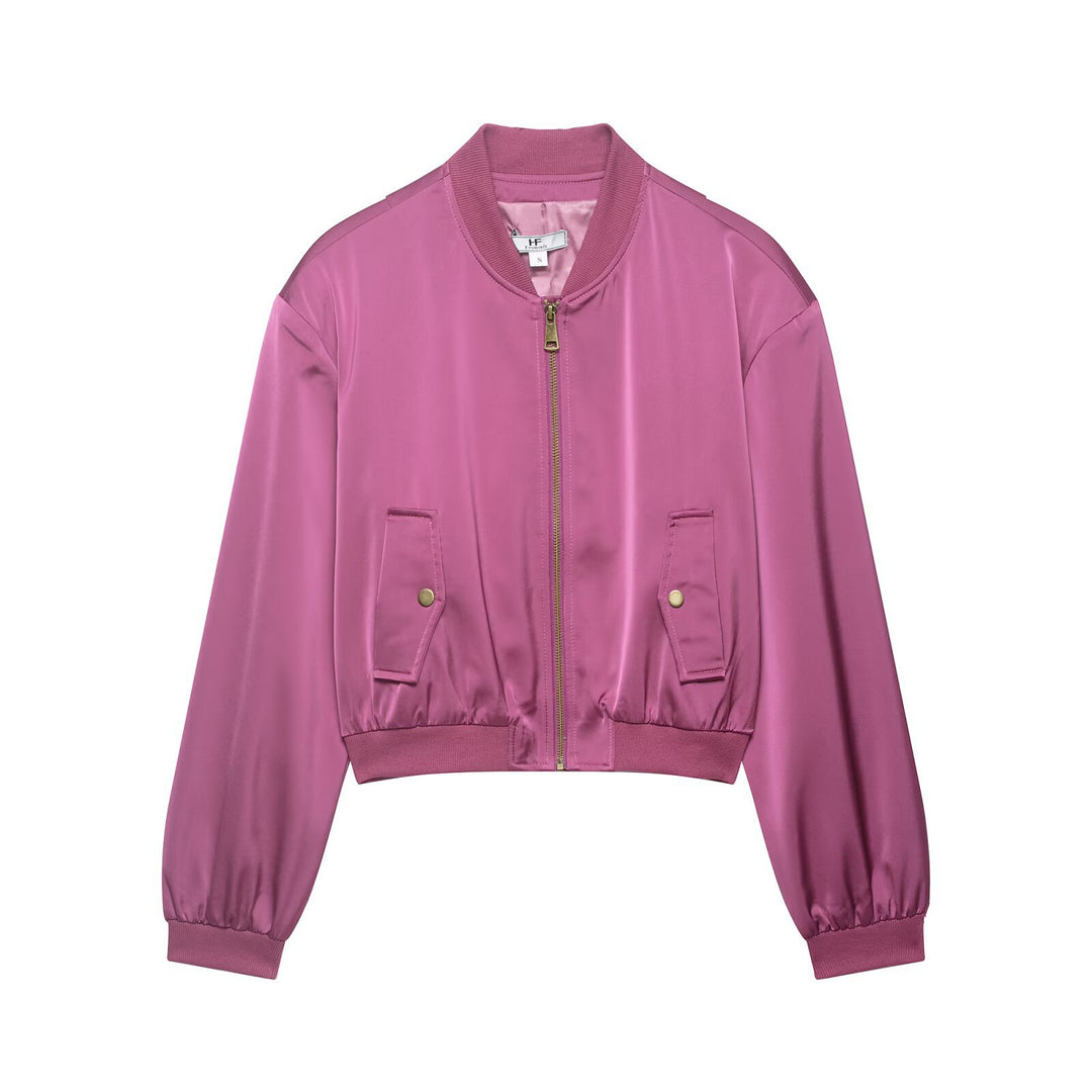 Damen Kurz geschnittene Satin-Bomberjacke mit Rippbündchen und Druckknopf-Taschen Nord Taschen
