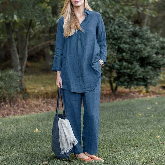 Damen Leinen-Loungewear-Set mit weitem Tunika-Hemd und lockerer Palazzo-Hose Nord Taschen