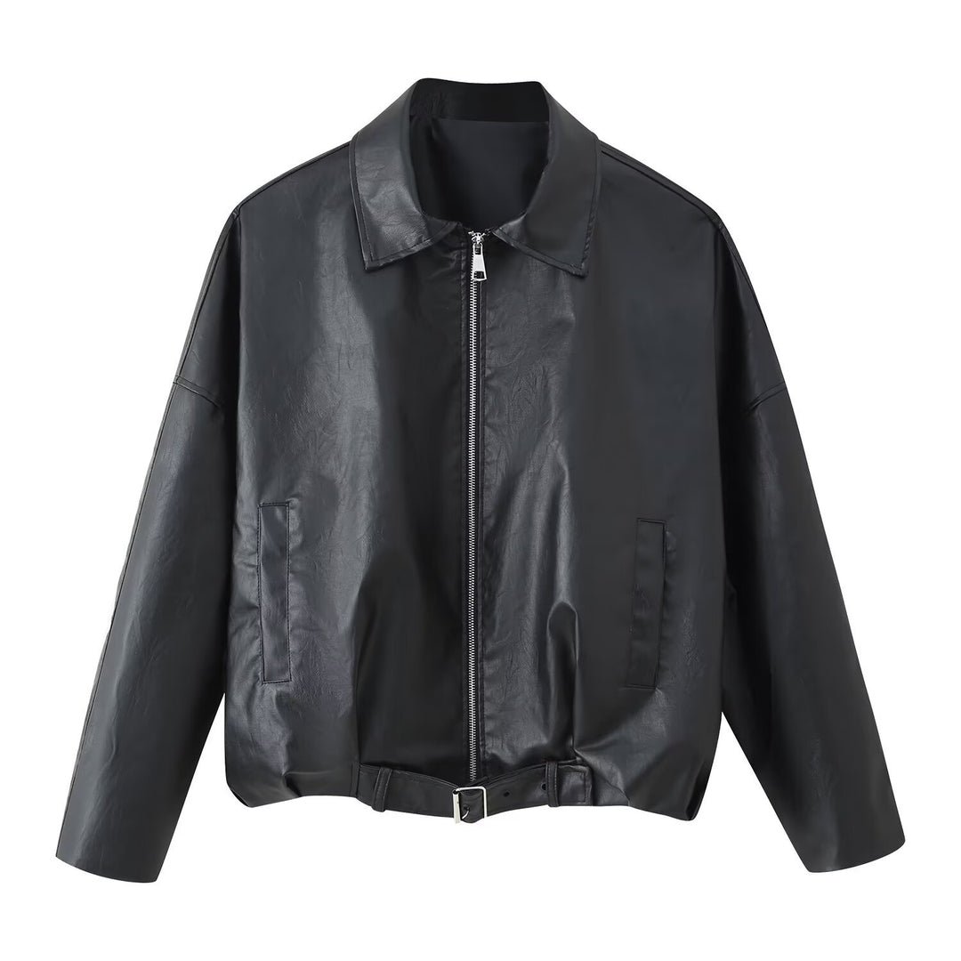 Damen Oversized Kunstleder-Bomberjacke mit Gürtel und Hemdkragen Nord Taschen