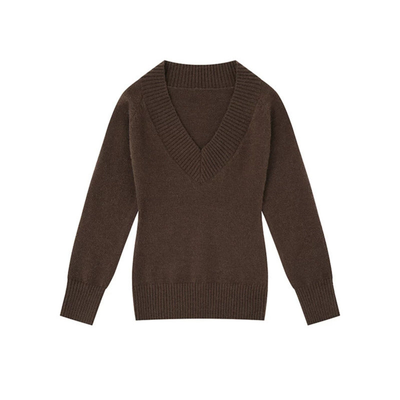 Damen Feinstrickpullover mit tiefem V-Ausschnitt, breitem Ripprand und legerer Passform Nord Taschen