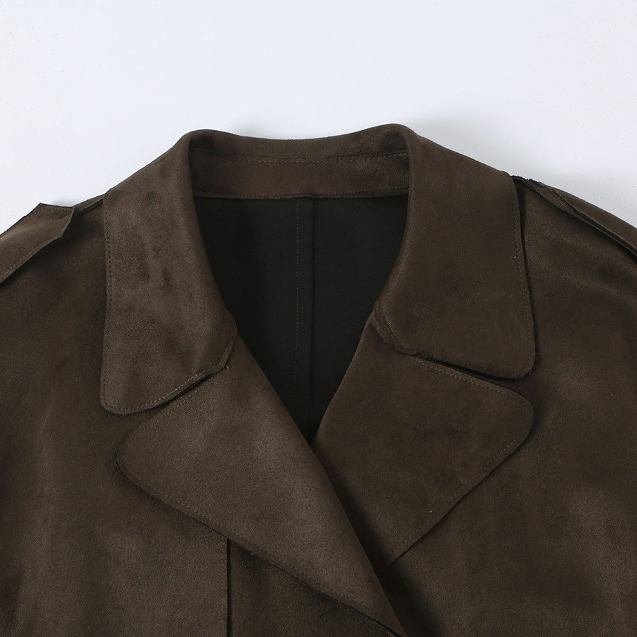 Damen Lang geschnittener Trenchcoat aus Velourslederoptik mit Bindegürtel Nord Taschen