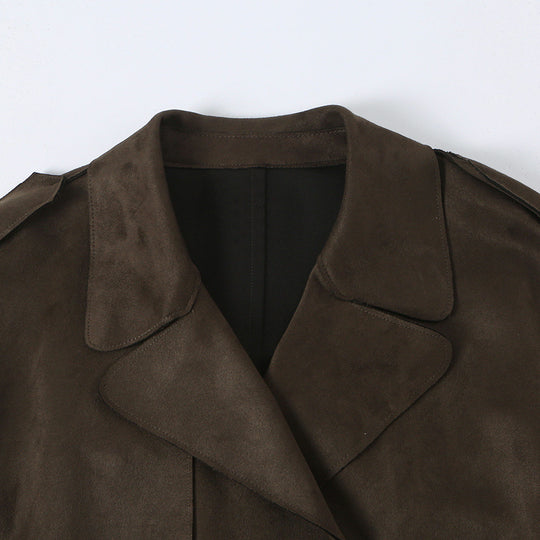 Damen Lang geschnittener Trenchcoat aus Velourslederoptik mit Bindegürtel Nord Taschen