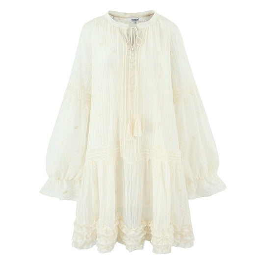 Damen Lockeres Boho-Minikleid mit Rüschen, Voluminösen Ballonärmeln und Quastenschnürung Nord Taschen