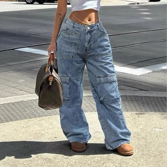 Damen Cargo-Jeanshose im weiten Baggy‑Cut mit hoher Taille und Utility‑Taschen Nord Taschen