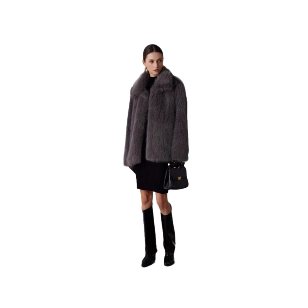 Damen Boxy-Kurzkunstpelz-Mantel mit extravoluminösem Schalkragen Nord Taschen