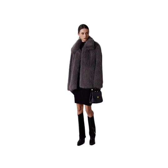 Damen Boxy-Kurzkunstpelz-Mantel mit extravoluminösem Schalkragen Nord Taschen