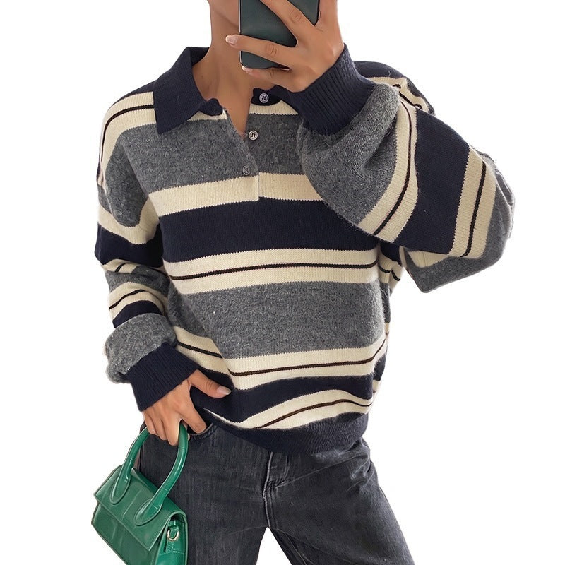 Damen Oversize-Polokragen-Strickpullover mit Streifenmuster und Raglanärmeln Nord Taschen