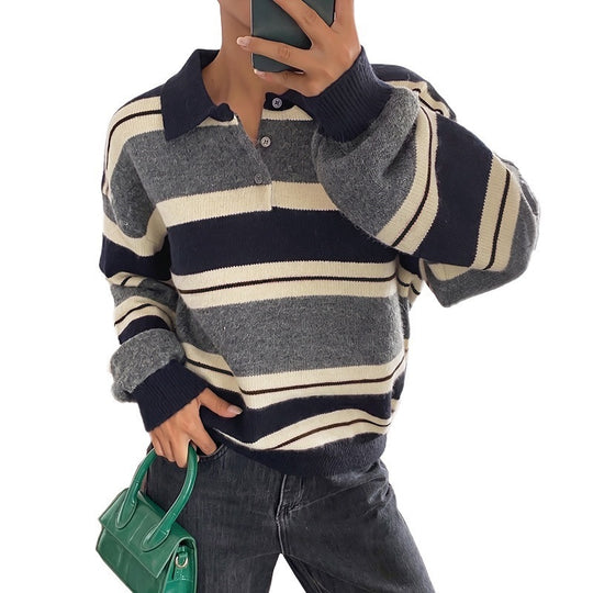 Damen Oversize-Polokragen-Strickpullover mit Streifenmuster und Raglanärmeln Nord Taschen