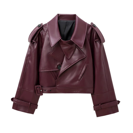 Damen Kurzer Trench-Mantel mit Taillengürtel und Schulterklappen aus veganem Leder Nord Taschen