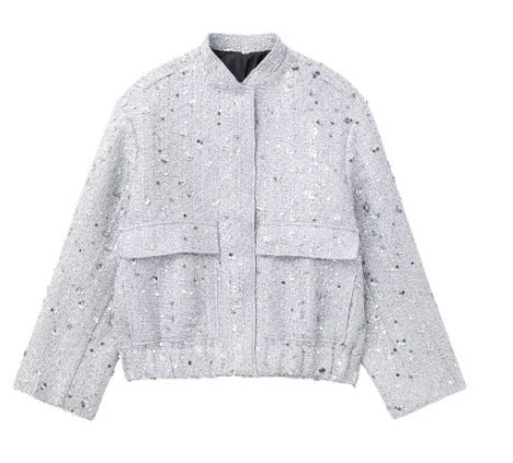 Damen verzierte Bouclé-Bomberjacke mit Pailletten und Strass Nord Taschen
