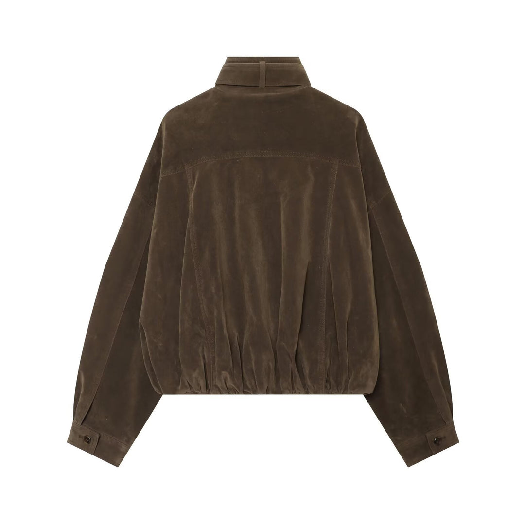 Damen Boxy Veloursleder‑Blousonjacke mit hohem Stehkragen, elastischem Saum und Reißverschlusstaschen Nord Taschen