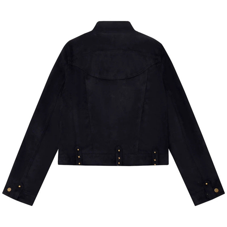 Damen Kurz geschnittene Velourslederjacke mit Stehkragen, Zier‑Nieten und Pattentaschen Nord Taschen