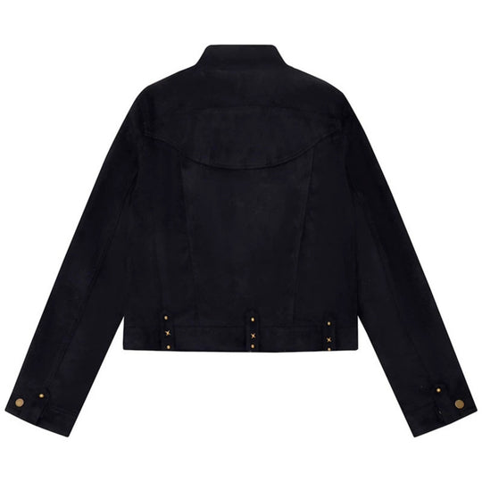 Damen Kurz geschnittene Velourslederjacke mit Stehkragen, Zier‑Nieten und Pattentaschen Nord Taschen