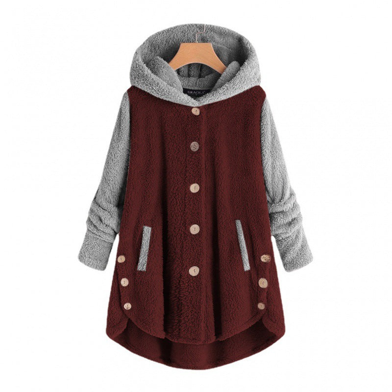 Damen Oversized Teddy-Mantel mit Kapuze, asymmetrischem Zipfelsaum und Holzknopf-Leiste Nord Taschen