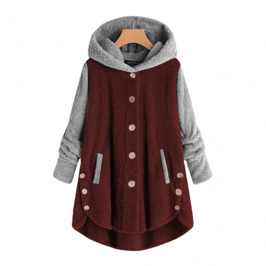 Damen Oversized Teddy-Mantel mit Kapuze, asymmetrischem Zipfelsaum und Holzknopf-Leiste Nord Taschen