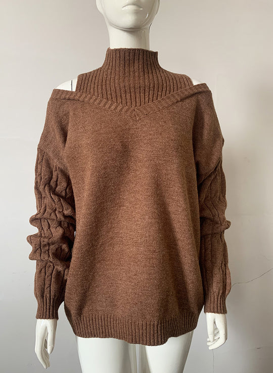 Damen Schulterfreier Oversize-Strickpullover mit Stehkragen Drune