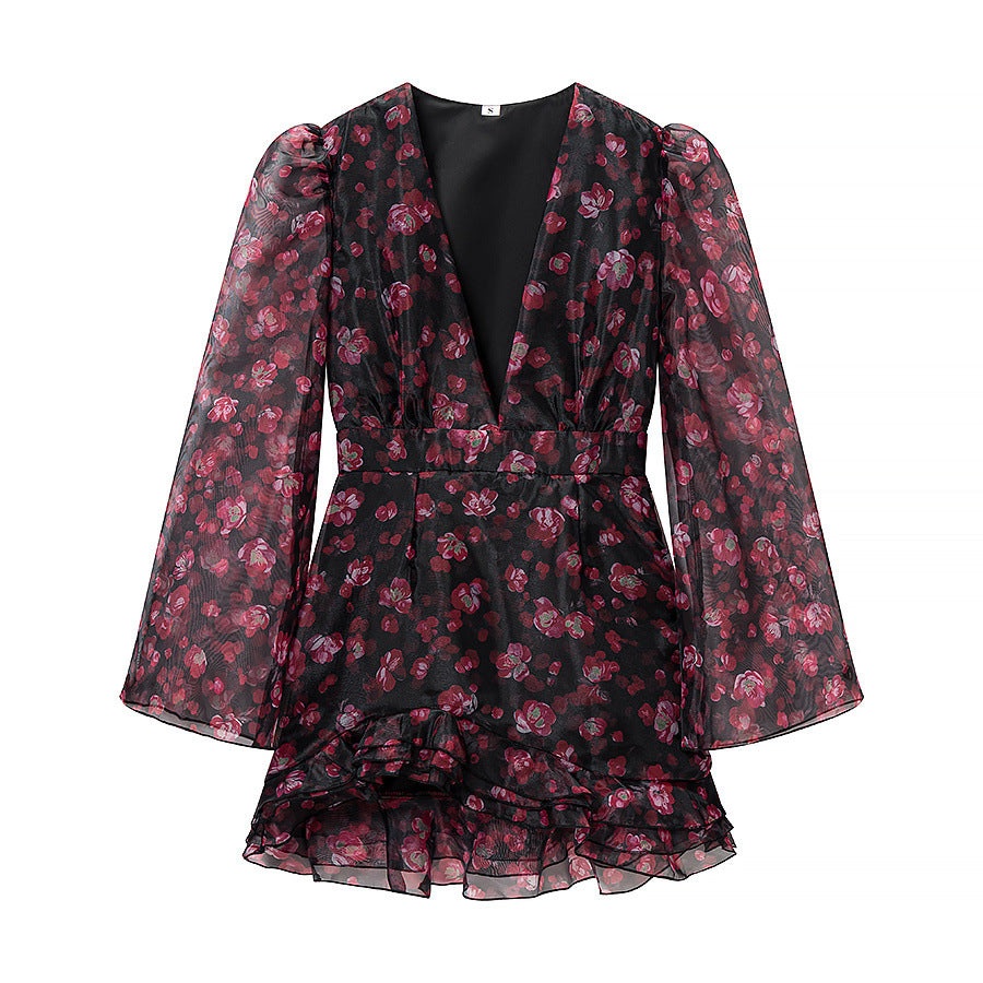 Damen Florales Chiffon-Minikleid mit tiefem V‑Ausschnitt, Rüschenstufen und Trompetenärmeln Nord Taschen