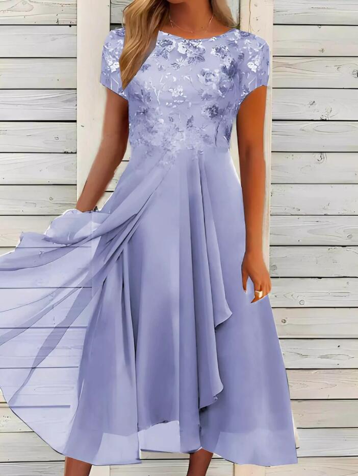 Damen nan fließendes Chiffon-Midikleid mit blumenbesticktem Oberteil und asymmetrischem Stufenrock - Vittorelli