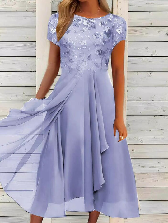 Damen nan elegantes Chiffon-Midikleid mit floraler Spitzenapplikation und fließendem Tellerrock Avellé