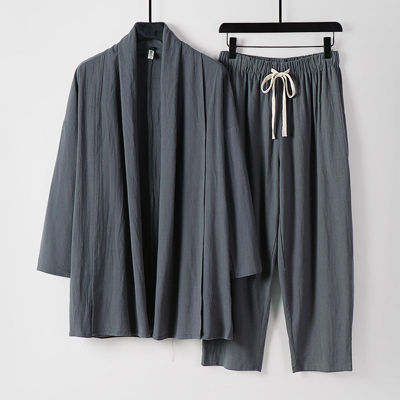 Unisex Lockeres Kimono-Lounge-Set aus leichter Baumwollmischung mit Schalkragen und Kordelbundhose Nord Taschen