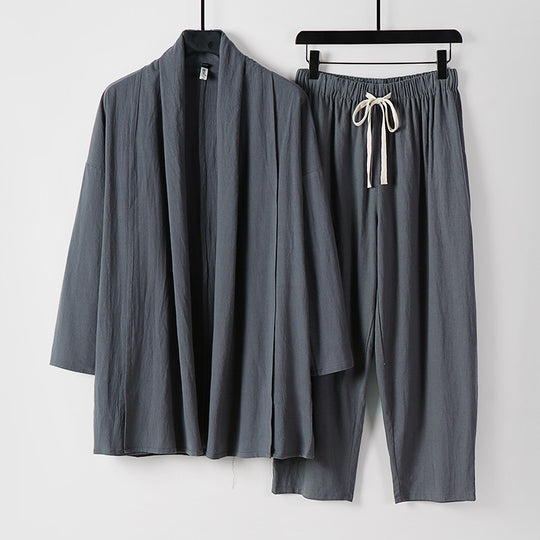 Unisex Lockeres Kimono-Lounge-Set aus leichter Baumwollmischung mit Schalkragen und Kordelbundhose Nord Taschen