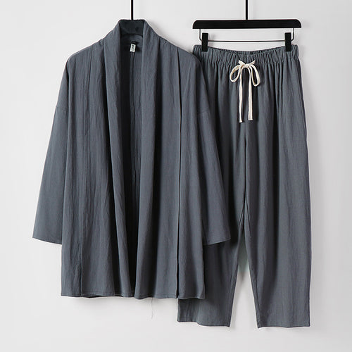 Unisex Lockeres Kimono-Lounge-Set aus leichter Baumwollmischung mit Schalkragen und Kordelbundhose Nord Taschen