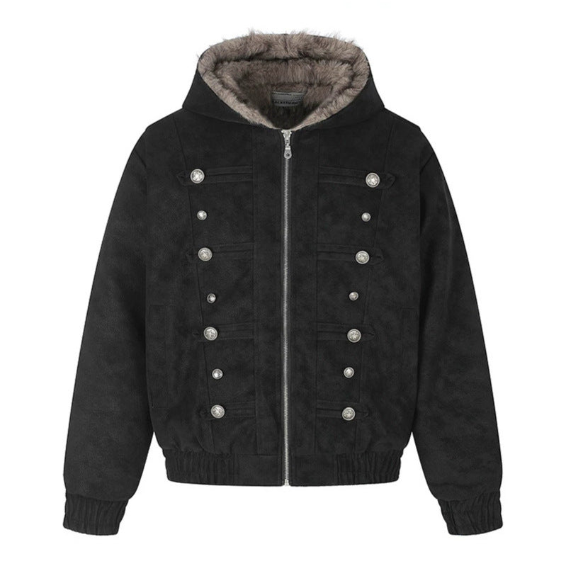 Damen Kapuzen-Bomberjacke aus Veloursimitat mit Kunstfell‑Futter und dekorativen Reliefknöpfen Nord Taschen