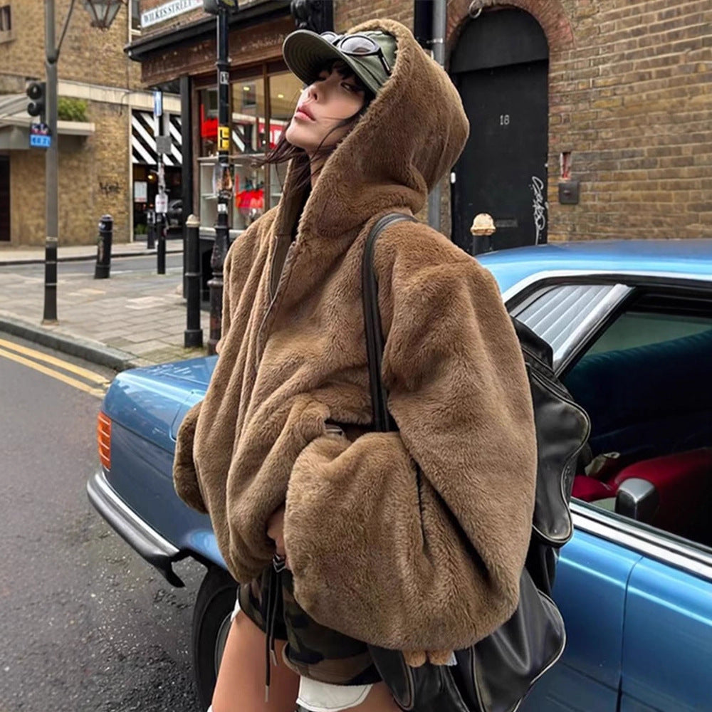 Damen Kurze Teddy-Fauxfur-Bomberjacke mit Kapuze, breitem Rippsaum und Zweiwege-Reißverschluss Nord Taschen