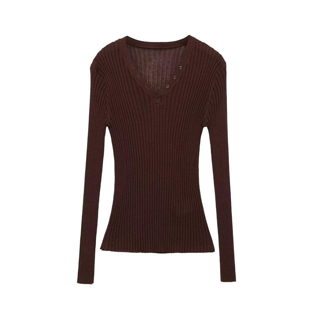 Damen Figurbetontes Rippstrick-Longsleeve mit V-Ausschnitt und Zierknopfleiste Nord Taschen