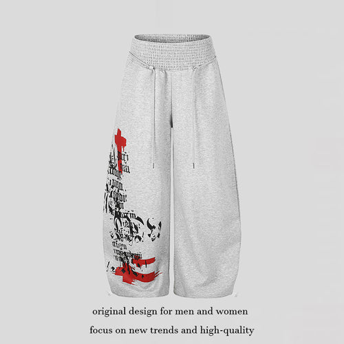 Damen Extraweite Balloon-Palazzo-Sweathose mit geripptem Komfortbund, Kordelzug und typografischem Gothic-Print Nord Taschen