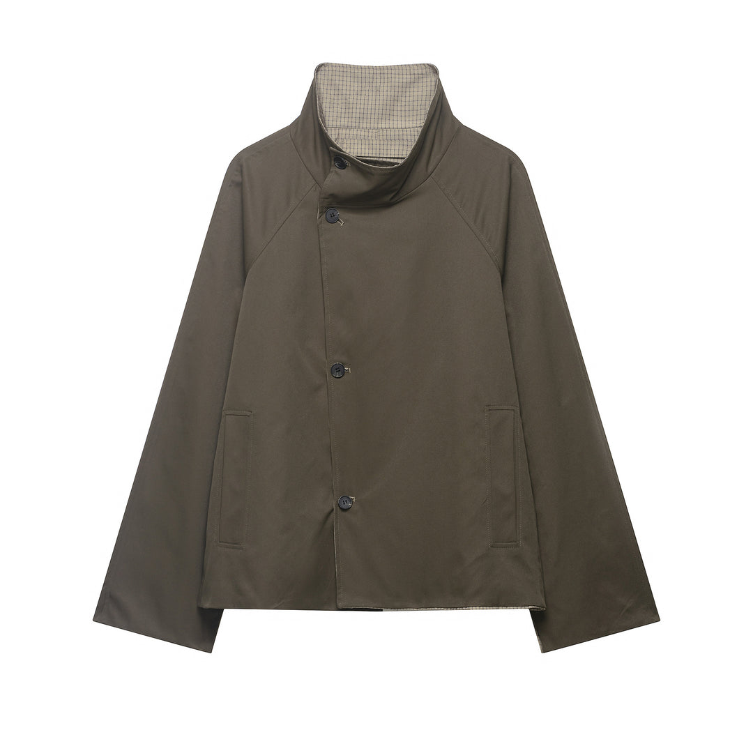 Damen kurzes Cape‑Mantel mit hohem Stehkragen, verdeckter Knopfleiste und Eingrifftaschen Nord Taschen