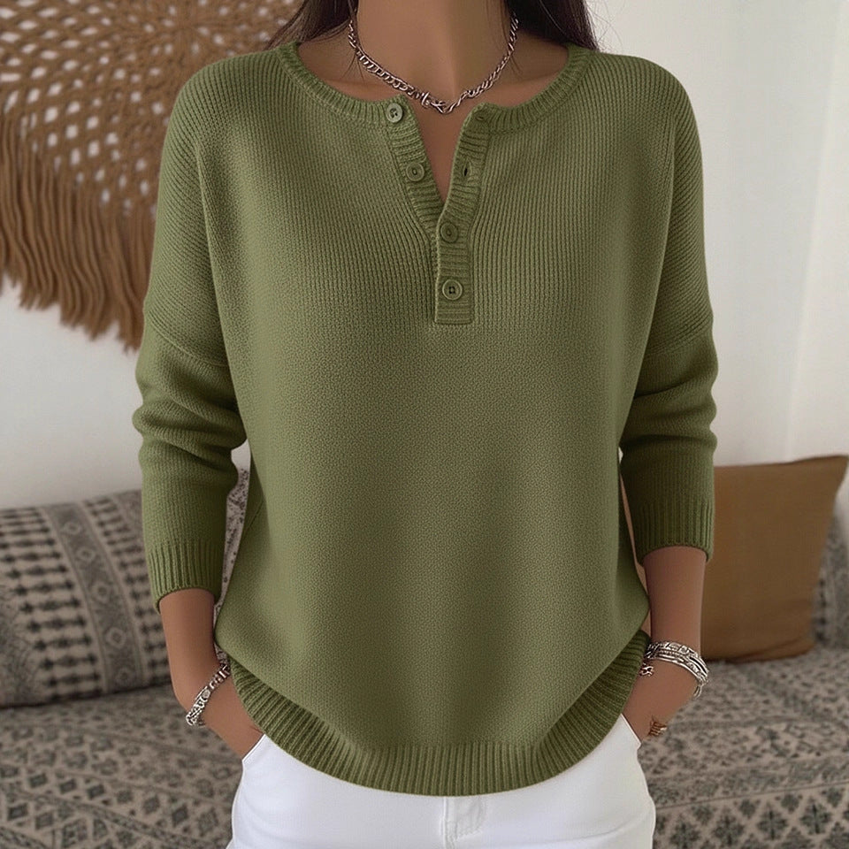 Damen Bequemer und eleganter Strickpullover mit Knopfleiste Nord Taschen