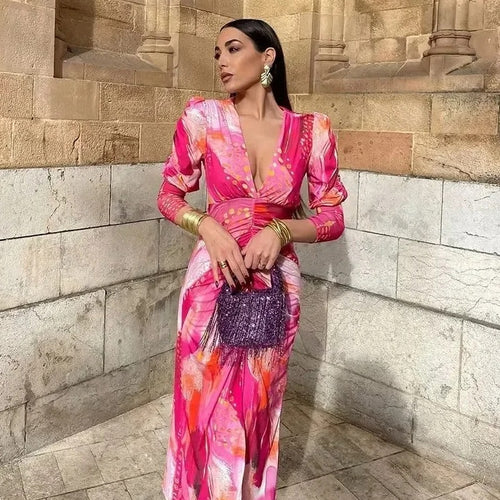 Damen 40+ Maxikleid mit tiefem V‑Ausschnitt, geraffter Taillenpartie und dezenten Puffärmeln Nord Taschen