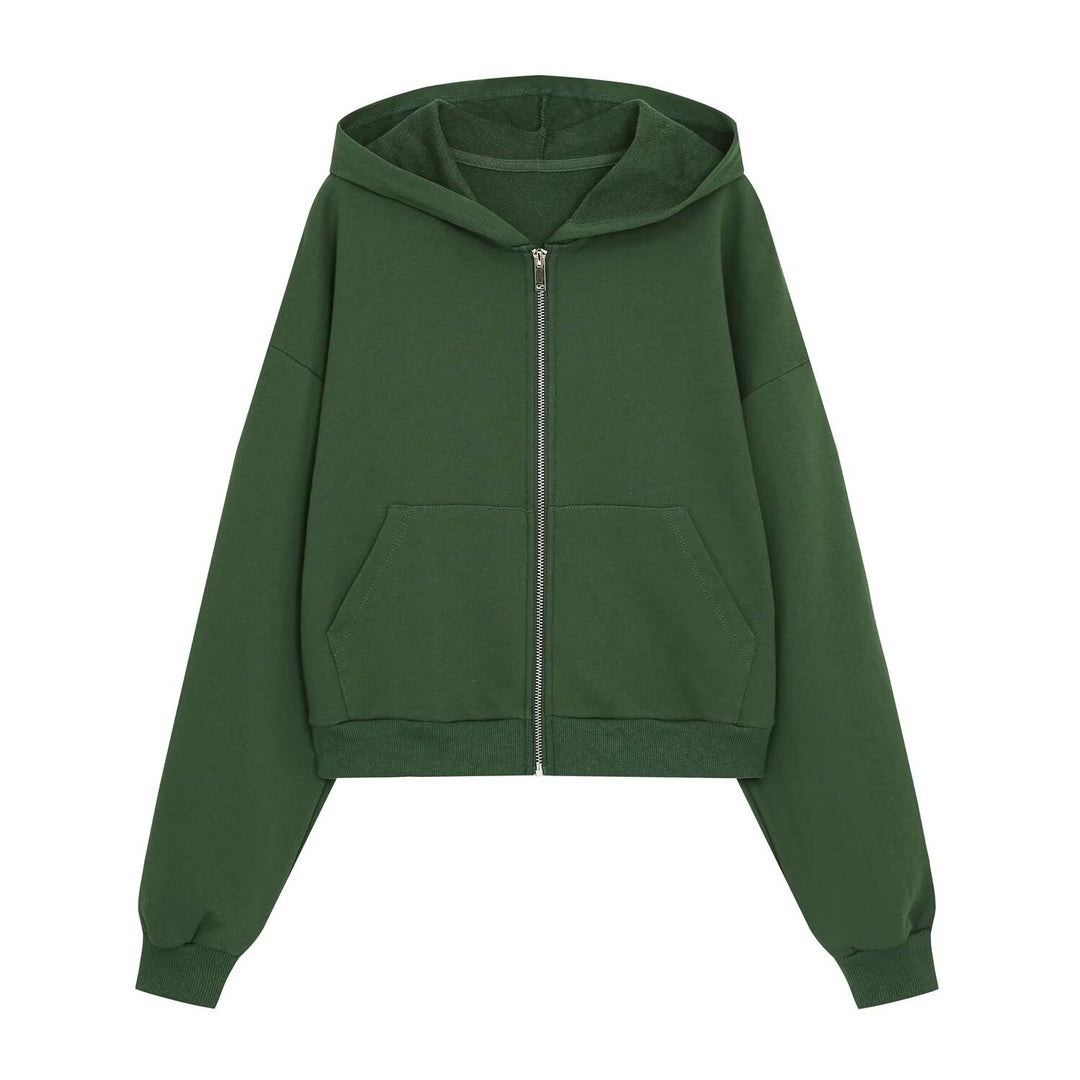 Damen Cropped Kapuzenjacke mit durchgehendem Reißverschluss und Kängurutaschen Nord Taschen