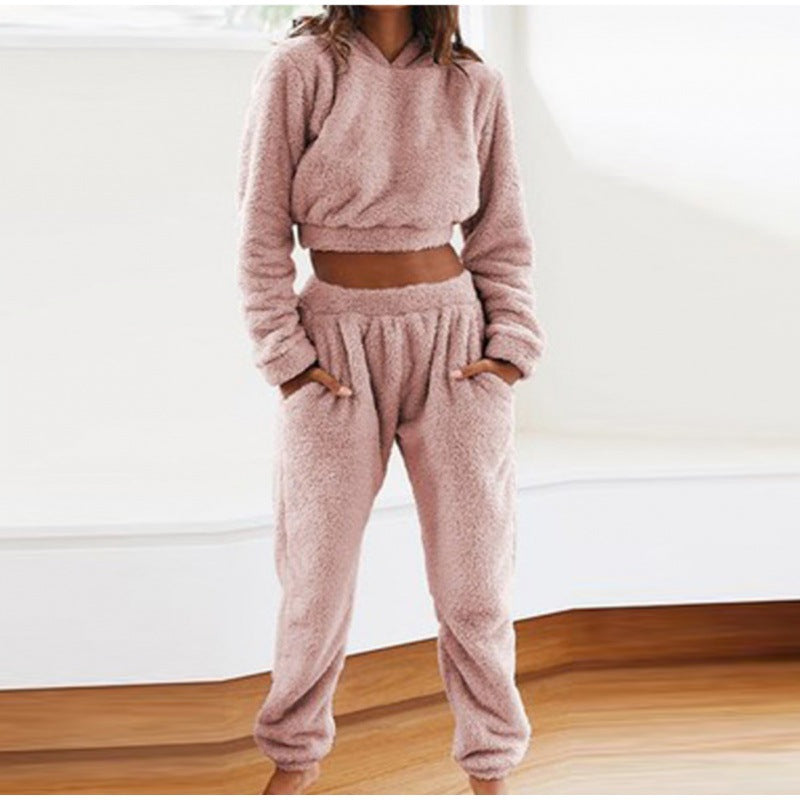 Damen Kuschelige Teddy-Fleece-Loungewear mit Cropped-Hoodie und High-Waist-Jogginghose Nord Taschen