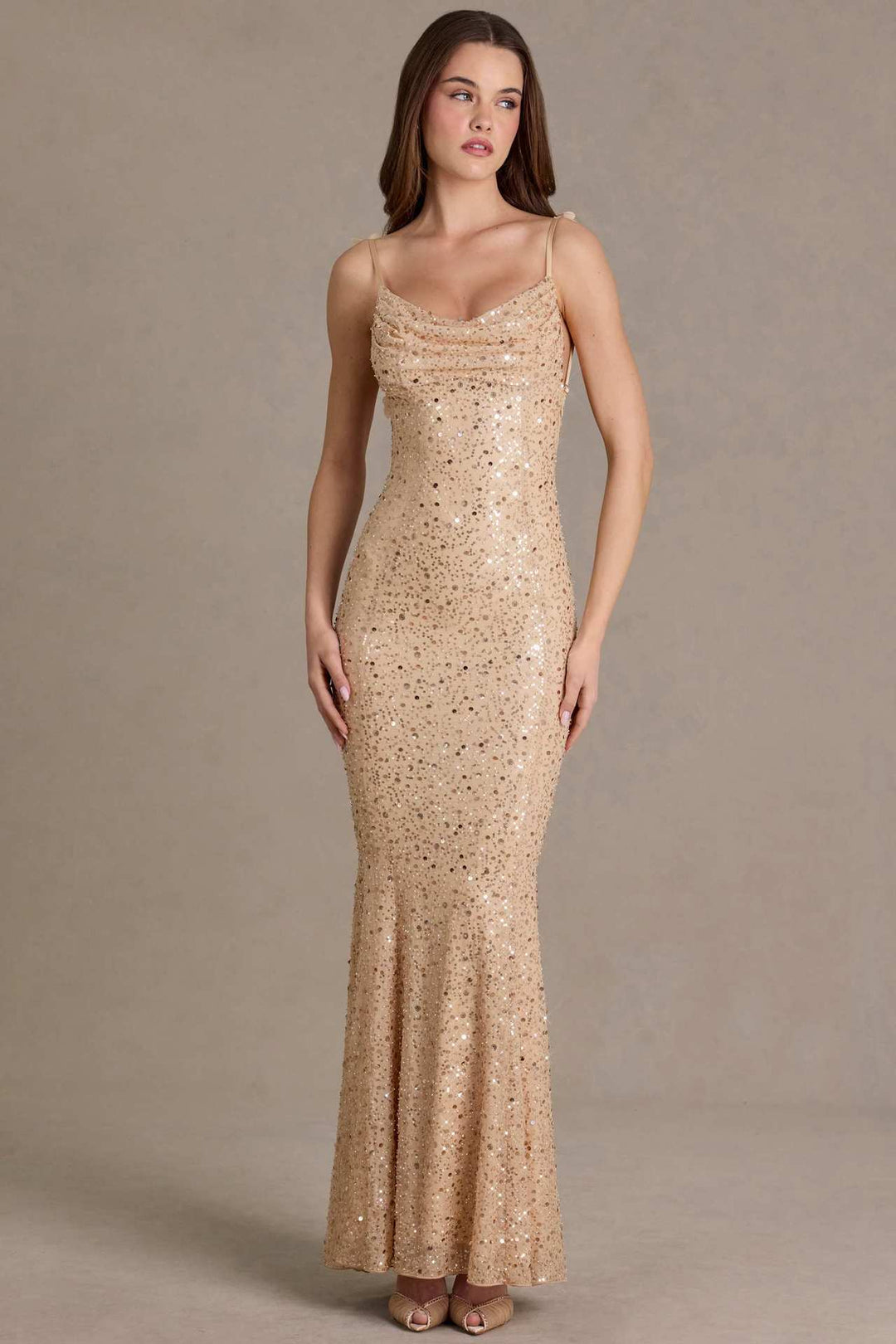 Damen elegantes Pailletten-Maxi-Kleid mit schickem Wasserfallausschnitt und figurbetonter Silhouette Nord Taschen