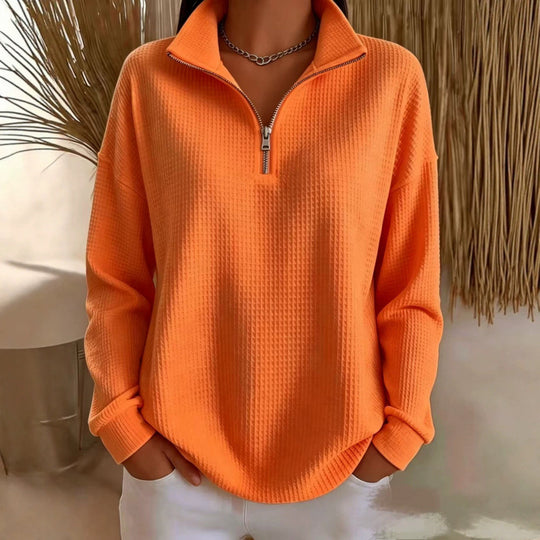 Damen Waffelstrick-Sweatshirt mit halbem Reißverschluss und Stehkragen Nord Taschen
