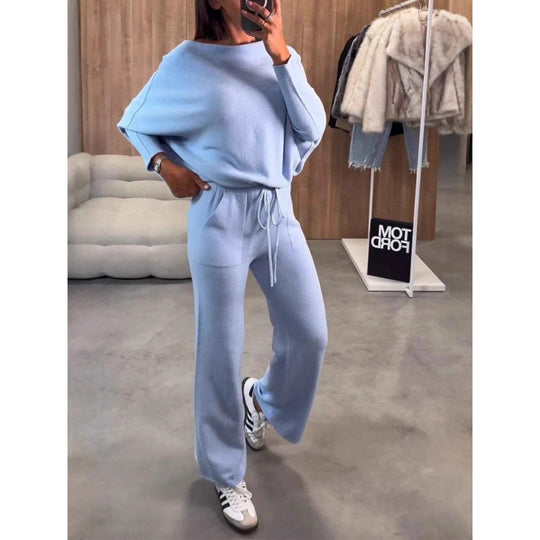 Damen Strick-Loungewear-Set mit Oversize-Schulter, weitem Bein und Kordelzug Nord Taschen