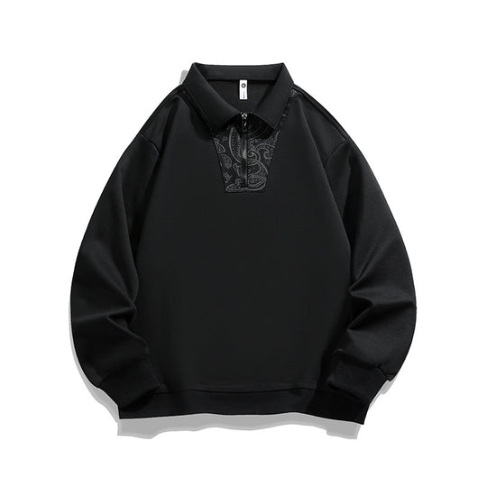 Herren Lockeres Sweatshirt mit Polokragen, halbem Reißverschluss und Paisley-Besatz Nord Taschen