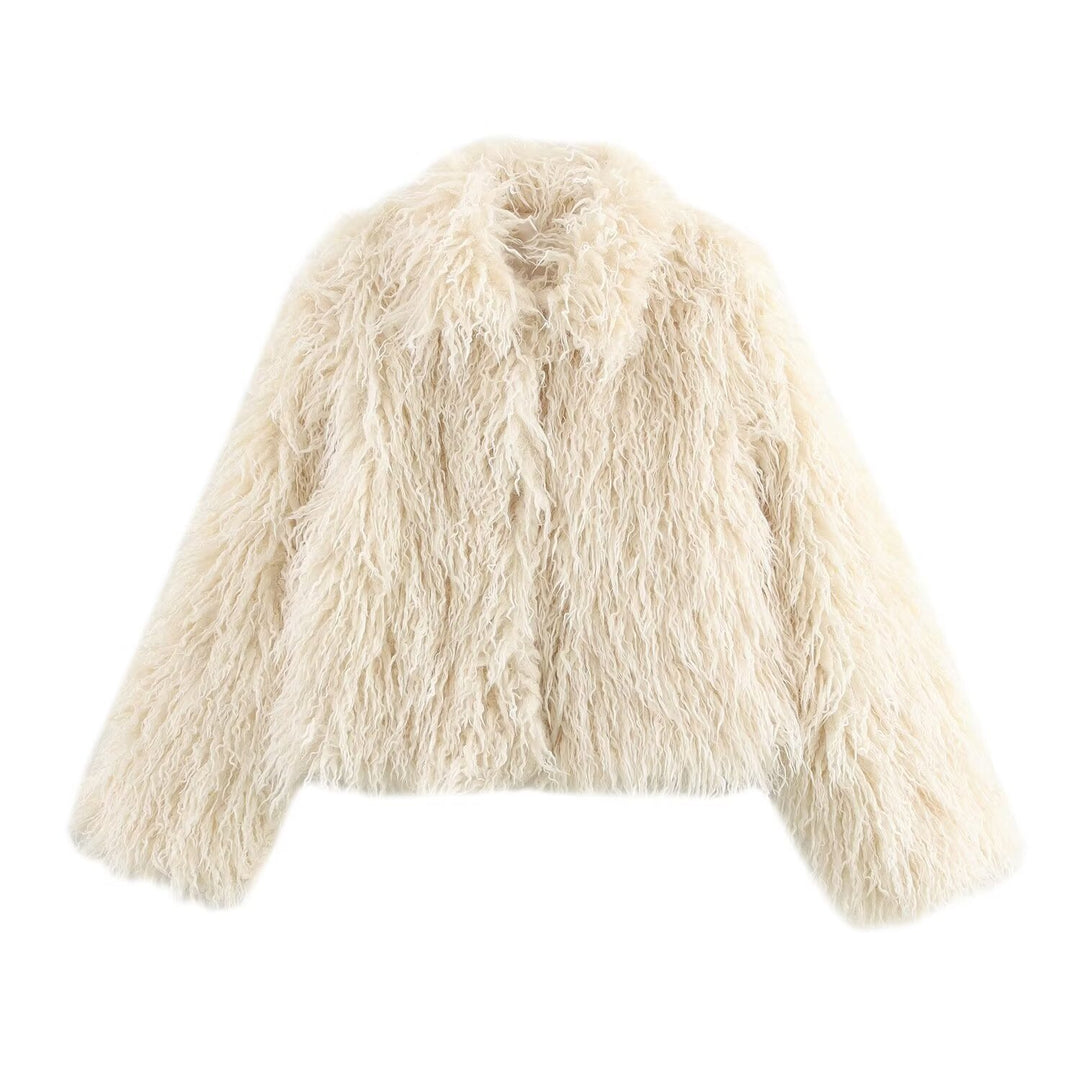 Damen Kurz geschnittene Shaggy-Faux-Fur-Jacke mit voluminösem Schalkragen Nord Taschen
