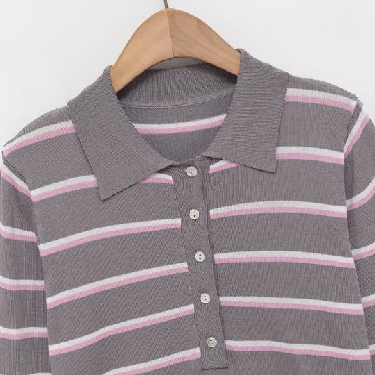 Damen Gestreifter Feinstrick-Polo-Pullover mit Knopfleiste und Rippbündchen Nord Taschen