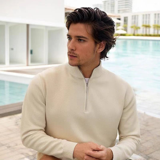 Herren Feinstrick-Halbzip-Pullover mit Stehkragen und Rippbündchen Nord Taschen