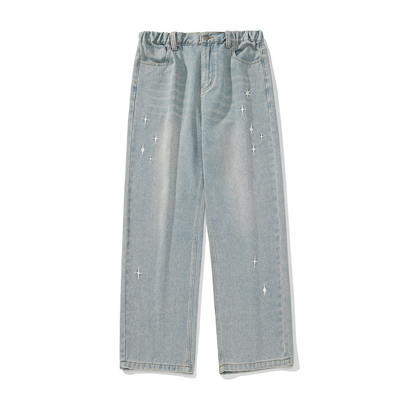 Damen Hochgeschnittene Jeanshose mit gerafftem Bund, Sternstickerei und weitem Bein Nord Taschen