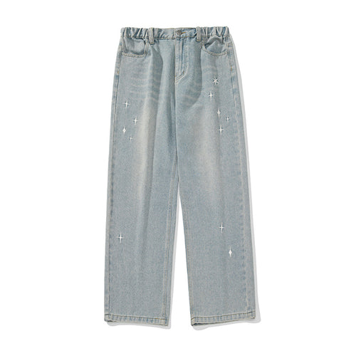 Damen Hochgeschnittene Jeanshose mit gerafftem Bund, Sternstickerei und weitem Bein Nord Taschen