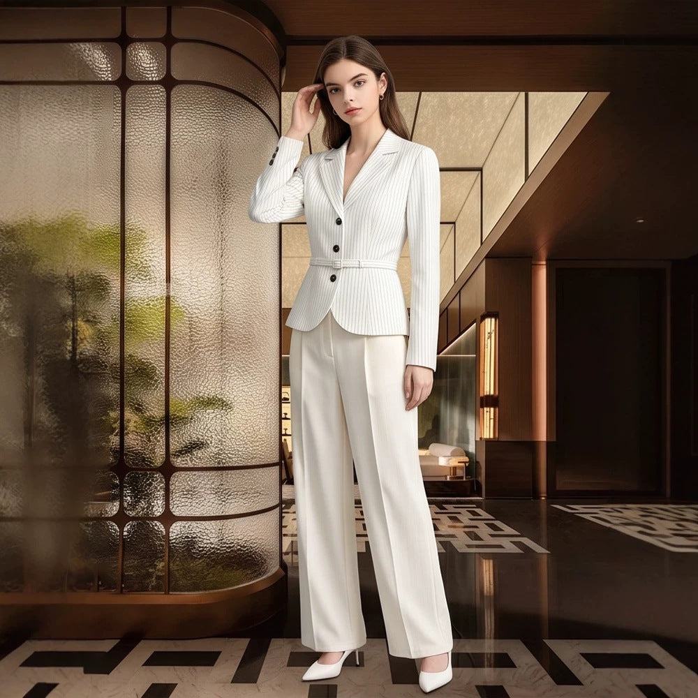 Damen Tailliertes Nadelstreifen-Blazer- und Palazzo-Hosen-Set Nord Taschen